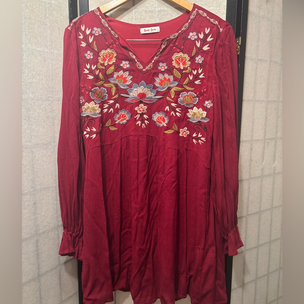 SADI & SARI Boutique Floral Embroidered Lined Burgundy Boho Tunic Dress